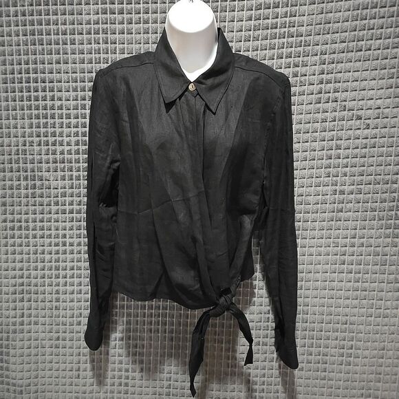 Valerie Stevens Tops - Black Linen Crop Wrap Top Sz6 S/M Y2K 90s Corp Boho Chic Button Grunge Punk Rock